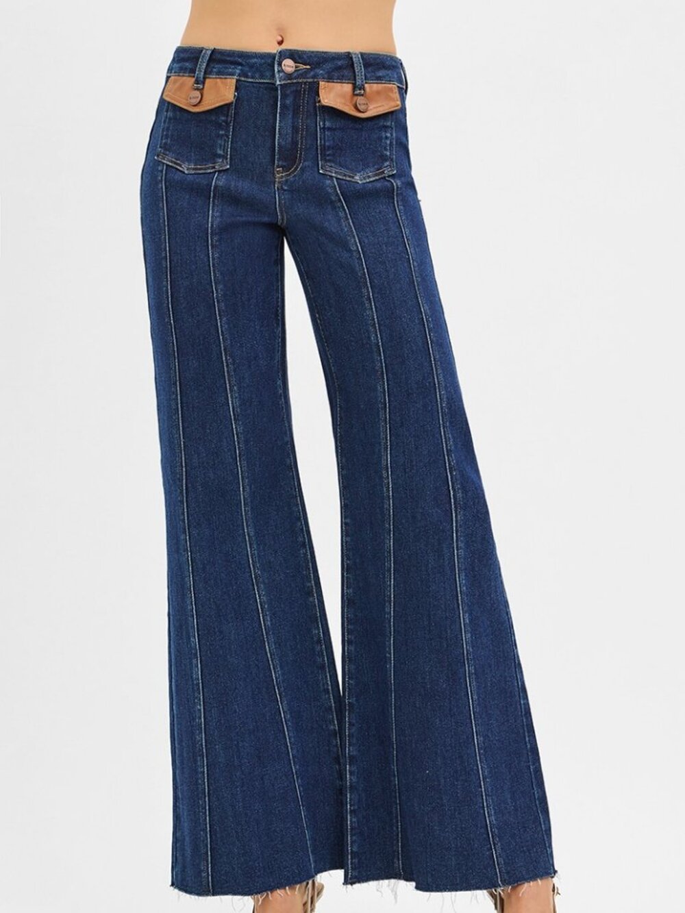 New Look High Rise Wide Flare Jeans with Front Leather Pocket - Picture 1 of 6